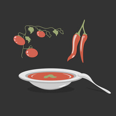 Plate of soup puree with fresh vegetables ingredient. Cream soup with tomatoes, pepper and bazil. Vector illustration.