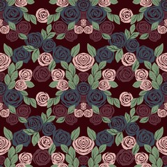 seamless background of colorful floral elements on a burgundy background