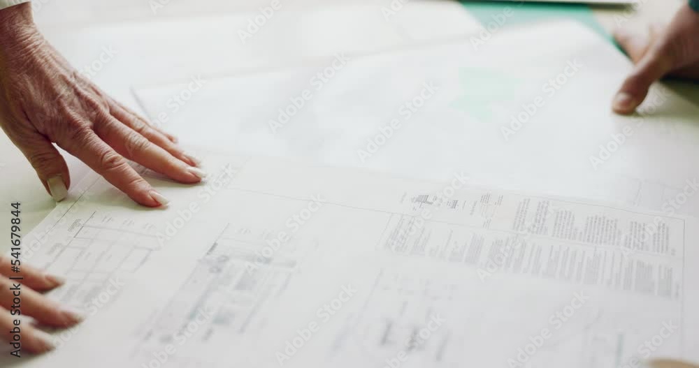 Poster blueprint, architecture and meeting, hands with plan and drawing paperwork, architect and constructi