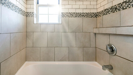 Panorama Sun flare Alcove bathtub shower combo with ceramic and subway tiles wall with mosaic tiles...