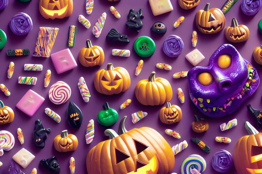 Halloween sweet background texture with scary pumpkin cookies, candy and Halloween decor on pink table, copy space, top view. Digital illustration painting