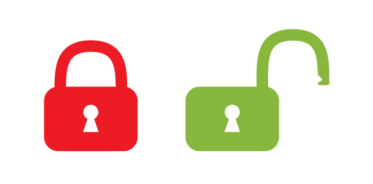 Red, green open, closed lock set. Padlock icon to use in design projects for IT, password protection, cyberspace, internet security, privacy, webdesign. 