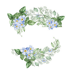 Small Blue Flowers and eucalyptus leaves. Floral wedding wreath. Watercolor Illustration