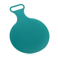 Children's plastic green sled isolated on a white background. Sleds for skiing downhill in winter. Children's toys. Slide board