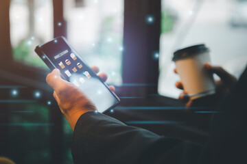 People use mobile phones online coffee orders, delivery, technology, internet, icons, flat coffee, latte, espresso, cappuccino, americano, hot coffee service meal food drink menus online at home