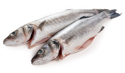 Sea bass fish. Two peeled raw sea bass on a white background