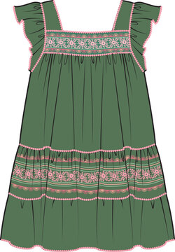 green dress with pink floral embroidery clip art preview