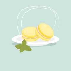 Lemon macaroons on the plate with mint leaves on the blue background. Cartoon vector illustration.
