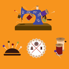 Set of sewing accessories, objects and symbols, flat design, isolated on orange background. Vintage aesthetics collection.