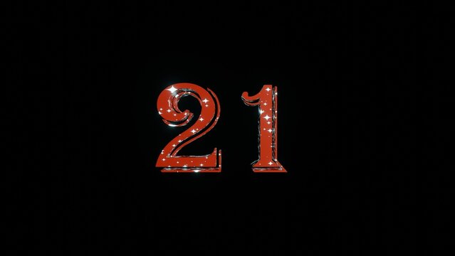 Red sparkling number 21 on a black background