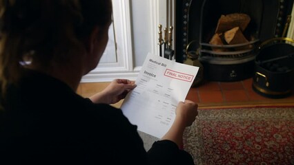 An unrecognizable female opening a debt letter. The woman is reading a medical bill final notice at home