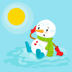 cartoon snowman melting. Sad snowman character in spring.