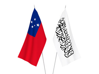 National fabric flags of Independent State of Samoa and Taliban isolated on white background. 3d rendering illustration.