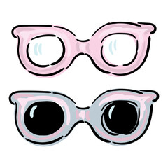 Set of plastic eyeglasses cartoon character, vector icons