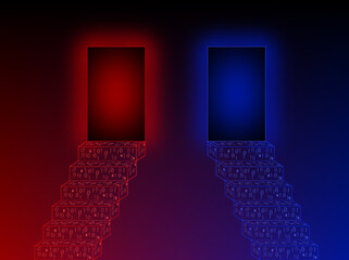 Tunnels in the ends of 2 stairs blue and red from binary code. Science fiction illustration of choice. Neon portal to virtual reality. Glowing effect