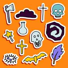Doodle Halloween sticker set. Hand-drawn autumn ax, skull, bat, flask, cross, eye on orange background. Cute scary horror banner for fall holidays, Day of the Dead. Vector color spooky illustration