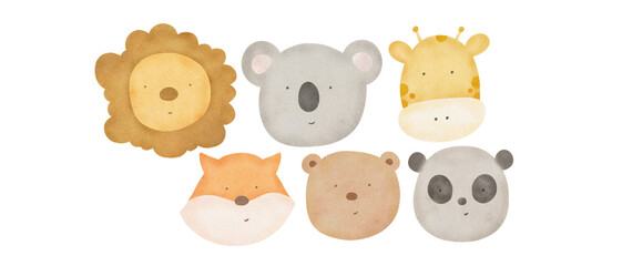 set animal face,watercolor hand drawn animal illustrations