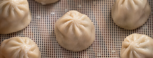 Steamed pork soup dumplings named Xiao long bao in Taiwan.