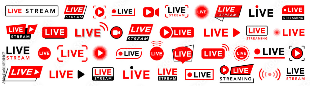 Poster set of live streaming icons. mega set of live streaming vector icons. live streaming set. red and bl