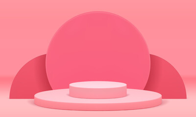 Cylinder podium pedestal pink arena level stairs product presentation 3d showcase realistic vector