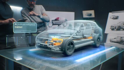 Development engineers are testing driverless autopilot system integrated into an electric car with AI artificial intelligence. They use innovative cutting edge 3D modeling technology of visualisation - Powered by Adobe