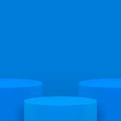 Blue three cylinder 3d podium stage round pedestal contest award arena realistic vector illustration