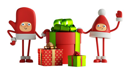 Funny Santa helper elf or gnome holding gift boxes. 3d cartoon character