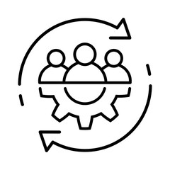 Teamwork thin line icon in flat style. Team and gear symbol with arrows isolated on white. Leadership concept. Vector group of people icon. Simple teamwork abstract icon in black. Vector illustration