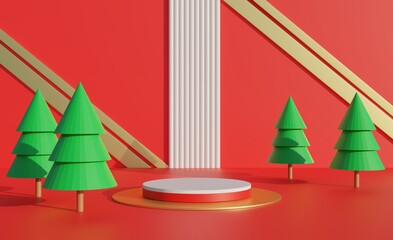 red background with white base, red, gold and christmas tree for christmas and new year celebration goods Copy space for product presentations, exhibitions, 3D shows