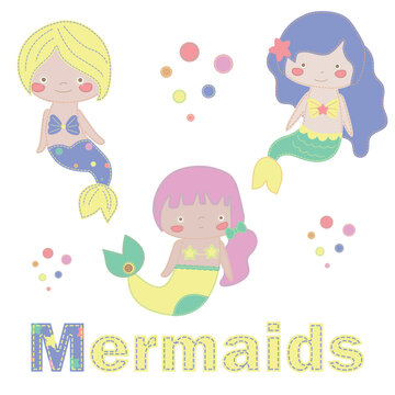 Patchwork vector drawing with mermaids. Cute vector cartoon mermaids.  Baby Shower, greeting, holiday and invitation card. Applique with mermaids. Vector baby patchwork illustration.    For print