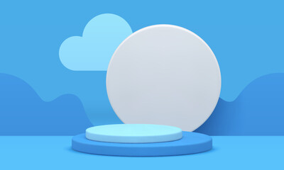 3d pedestal cylinder stage blue summer landscape with cloud and bushes realistic vector