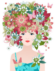 woman with flower hairstyle. girl with blossoms in hair. portrai