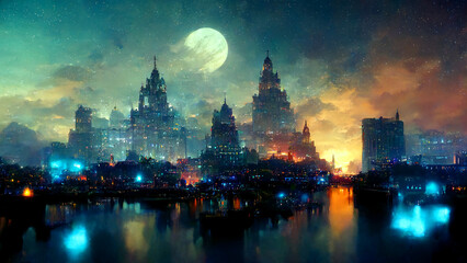 Cityscape, night view, landscape, night sky, digital illustration