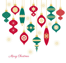 1332_ Christmas greeting card with hanging red and green decorated Christmas baubles