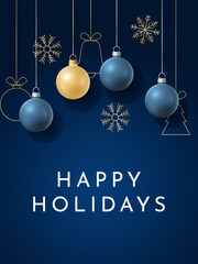 Fototapeta na wymiar Modern Happy Holidays Design with Elegant Balls and Golden Snowflakes