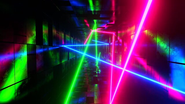 Multicolored lasers moving in a rectangular tunnel. Infinitely looped animation