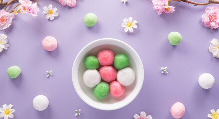 Tang Yuan(sweet dumplings balls), a traditional cuisine for Mid-autumn, Dongzhi (winter solstice ) and Chinese new year with plum flower on pastel background.