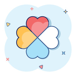 Four leaf clover icon in comic style. St Patricks Day cartoon vector illustration on white isolated background. Flower shape splash effect business concept.