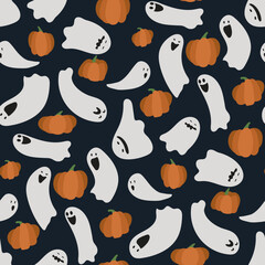 Naklejka premium Background of ghosts in the sky with pumpkins. Seamless pattern with flying ghosts and pumpkins on a blue background. Suitable for printing on textiles and paper. Themed gift wrapping, notebook cover.