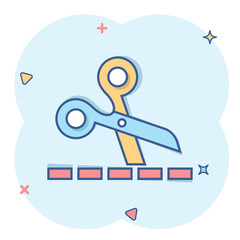 Scissor with cutting line icon in comic style. Cut equipment cartoon vector illustration on white isolated background. Cutter splash effect business concept.