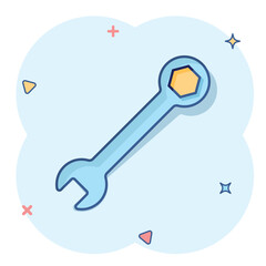 Wrench icon in comic style. Spanner key cartoon vector illustration on white isolated background. Repair equipment splash effect business concept.