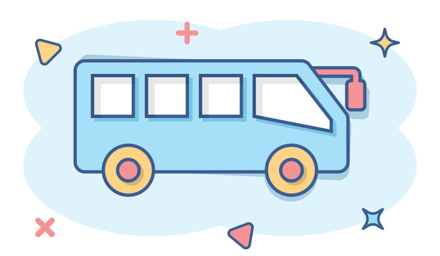 Bus icon in comic style. Coach cartoon vector illustration on white isolated background. Autobus vehicle splash effect business concept.