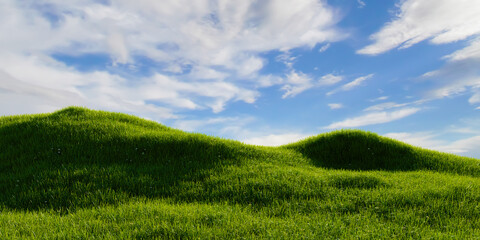 Naklejka premium Green grassland with clear blue sky background. Outdoor nature concept. 3D illustration rendering