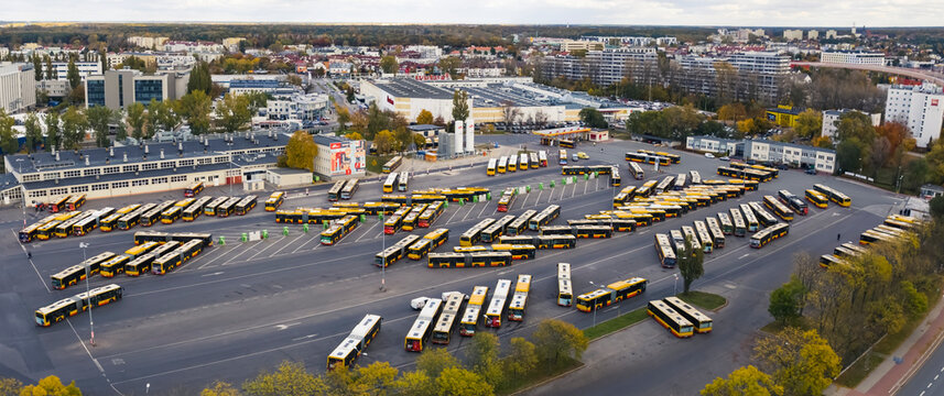 Cityscape panorama. Bird's eye perspective over half-filled bus terminus. Coaches and electrical busses standing next to each other. Benefits of public transportation. High quality photo