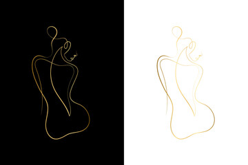 Nude woman face abstract silhouette, continuous line drawing, small tattoo, print for clothes and logo design, emblem or logo design, isolated vector illustration, Gold Line Art,  Set	
