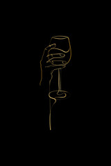 Wine Hands Art Print, Wine Line Art, Wine Drinker Poster, Minimalist Wine Lover Art, Line Drawing Wine Glass, Line Art Wine Print, Gold Line Art, Black background	
