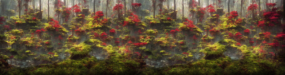 Fototapeta na wymiar Panorama of a magic fairytale fantasy painting of magic dense forest with tree and flowers. Digital image painted dark fairytale fantasy landscape in impressionism style. Generative AI