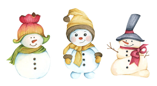 Set of character snowmans. Isolated on white background. Watercolor illustration. New year decoration, Merry Christmas element.