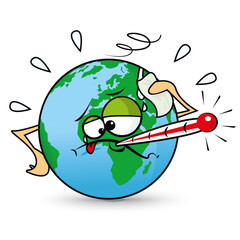 Sick Earth.
Illustration of earth with a pack ice on the head and a thermometer in the mouth.
It is a metaphor of the global warning