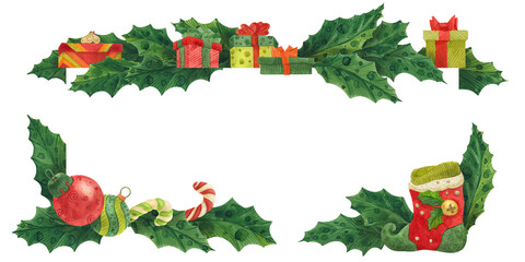 Christmas holly border with stockings and gifts, watercolor illustration